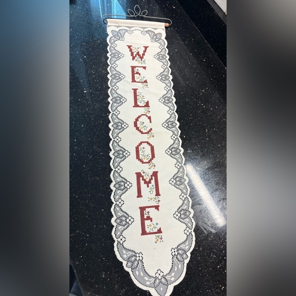 Fabric Wall Hanging Lace “Welcome” Sign Cross Stitch